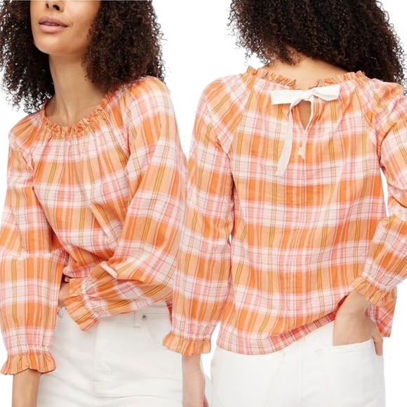 J. Crew Tops - J.Crew Plaid Peasant Top 100% Cotton Ruffle Orange Pink Med Cottagecore Prairie